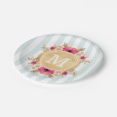 Mint Stripes Waterverf Flowers Faux Gold Monogram Papieren Bordje (Gekanteld)