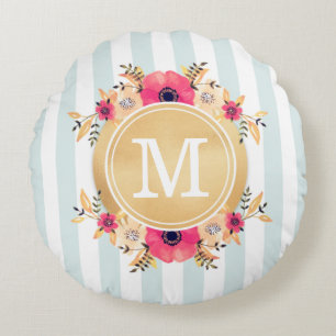 Mint Stripes Waterverf Flowers Faux Gold Monogram Rond Kussen
