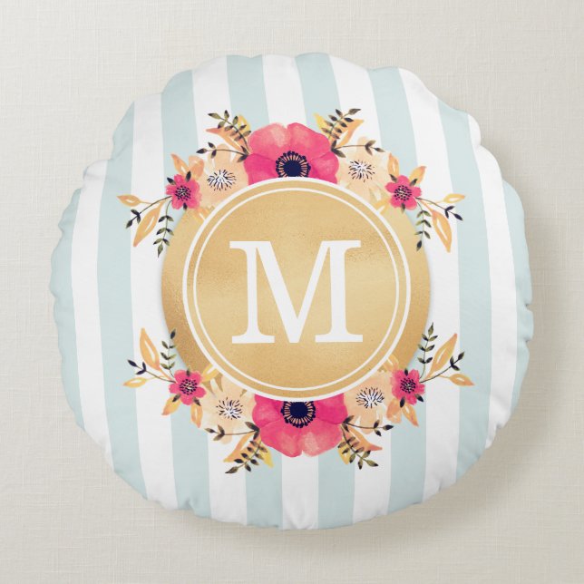Mint Stripes Waterverf Flowers Faux Gold Monogram Rond Kussen (Voorkant)