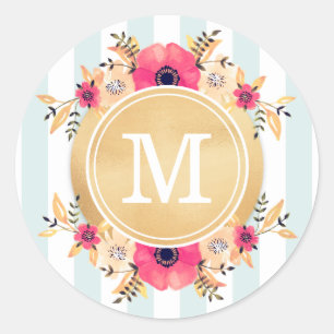 Mint Stripes Waterverf Flowers Faux Gold Monogram Ronde Sticker