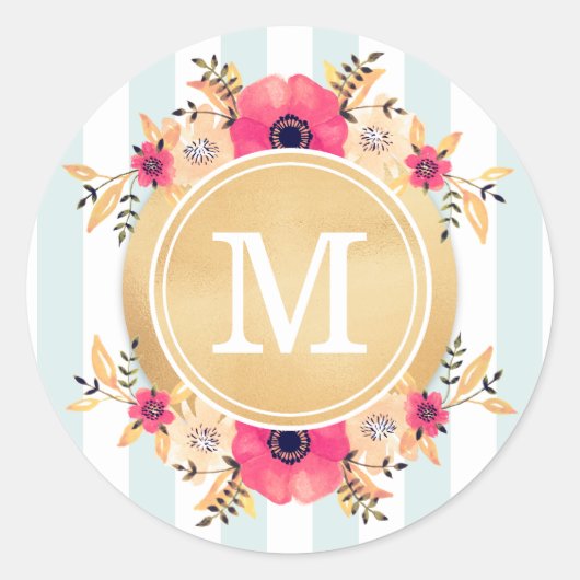 Mint Stripes Waterverf Flowers Faux Gold Monogram Ronde Sticker (Voorkant)