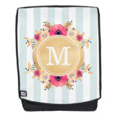 Mint Stripes Waterverf Flowers Faux Gold Monogram Rugtassen (Voorkant)