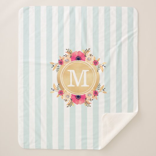 Mint Stripes Waterverf Flowers Faux Gold Monogram Sherpa Deken (Voorkant)