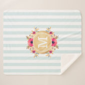 Mint Stripes Waterverf Flowers Faux Gold Monogram Sherpa Deken (Voorkant (horizontaal))