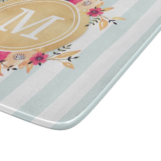 Mint Stripes Waterverf Flowers Faux Gold Monogram Snijplank (Hoek)