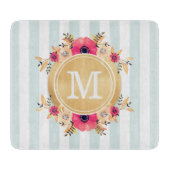 Mint Stripes Waterverf Flowers Faux Gold Monogram Snijplank (Voorkant)