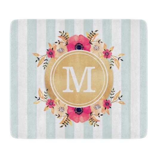 Mint Stripes Waterverf Flowers Faux Gold Monogram Snijplank (Voorkant)
