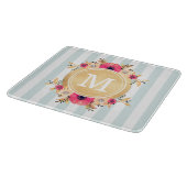 Mint Stripes Waterverf Flowers Faux Gold Monogram Snijplank (Hoek)