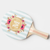 Mint Stripes Waterverf Flowers Faux Gold Monogram Tafeltennisbatje (Zijkant)
