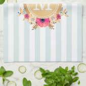 Mint Stripes Waterverf Flowers Faux Gold Monogram Theedoek (Gevouwen)