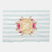 Mint Stripes Waterverf Flowers Faux Gold Monogram Theedoek (Horizontaal)