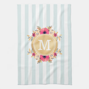 Mint Stripes Waterverf Flowers Faux Gold Monogram Theedoek