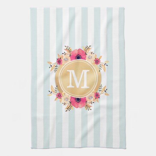 Mint Stripes Waterverf Flowers Faux Gold Monogram Theedoek (Verticaal)