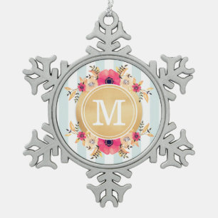 Mint Stripes Waterverf Flowers Faux Gold Monogram Tin Sneeuwvlok Ornament