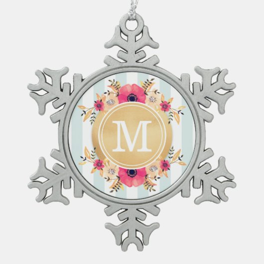 Mint Stripes Waterverf Flowers Faux Gold Monogram Tin Sneeuwvlok Ornament (Voorkant)