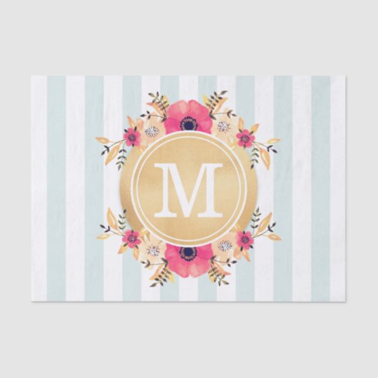 Mint Stripes Waterverf Flowers Faux Gold Monogram Tissuepapier (Voorkant)