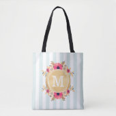 Mint Stripes Waterverf Flowers Faux Gold Monogram Tote Bag (Voorkant)