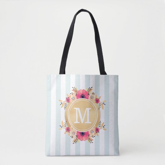 Mint Stripes Waterverf Flowers Faux Gold Monogram Tote Bag (Voorkant)
