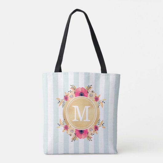 Mint Stripes Waterverf Flowers Faux Gold Monogram Tote Bag (Achterkant)