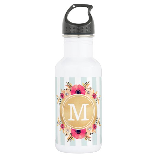 Mint Stripes Waterverf Flowers Faux Gold Monogram Waterfles (Voorkant)