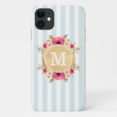 Mint Stripes Waterverf Flowers Gold Monogram Case-Mate iPhone Case (Achterkant)