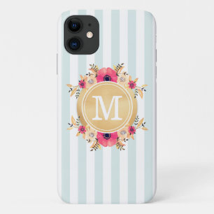 Mint Stripes Waterverf Flowers Gold Monogram Case-Mate iPhone Case