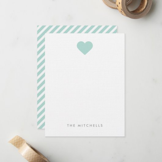 Mint Sweet Heart Monogram Briefpapier Notitiekaartje (Voorkant / Achterkant in situ)