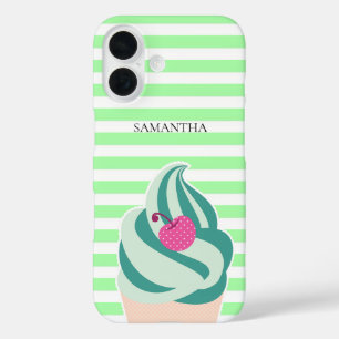 Mint Swirl Ice Cream Striped Persoonlijk iPhone 16 Hoesje