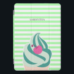 Mint Swirl Ice Cream Striped Persoonlijk iPad Pro Cover<br><div class="desc">Grijze en moderne,  gepersonaliseerde hoesje met gepersonaliseerde munt met gekleurde jummikroop met witte munt en met kersen bovenaan.</div>
