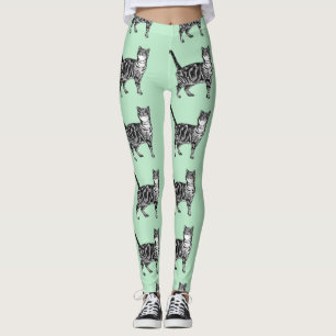 Mint Tabby Cat Animal Black en White Leggings