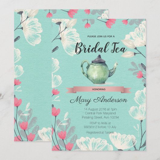 Mint Tea Party Bridal Shower Invitation Kaart (Voorkant / Achterkant)