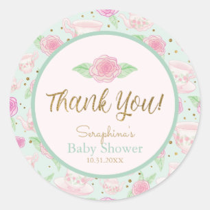 Mint Tea Party Floral Baby shower Dank u Ronde Sticker