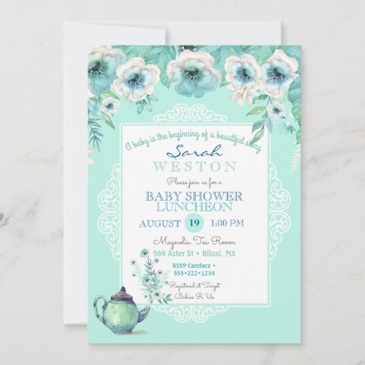 Mint Tea Teapot Waterverf Flowers Kaart (Voorkant)