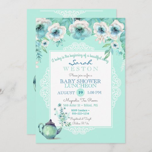 Mint Tea Teapot Waterverf Flowers Kaart (Voorkant / Achterkant)