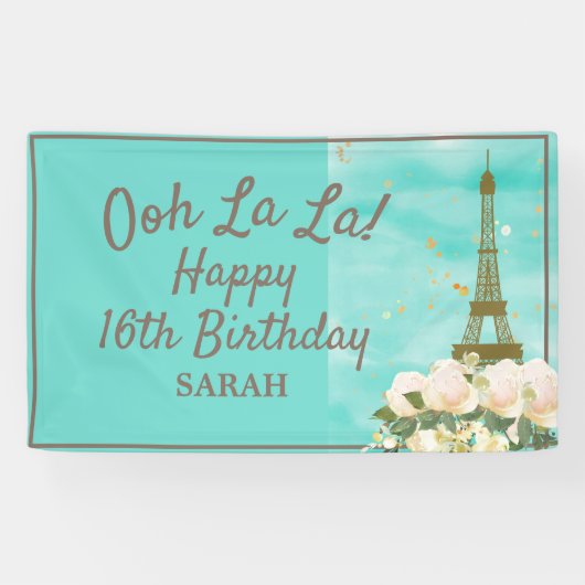 Mint Teal Goud Sweet 16 Parijs Eiffeltoren Spandoek (Horizontaal)