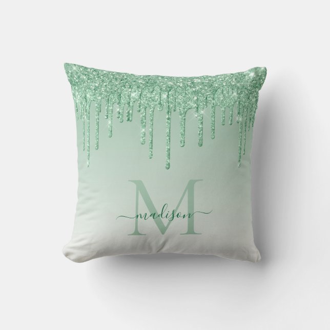 Mint Teal Groen Glitter Druppels Glam Monogram Scr Kussen (Voorkant)