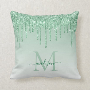 Mint Teal Groen Glitter Druppels Glam Monogram Scr Kussen