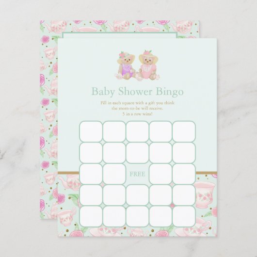 Mint Teddy Bear Tea Party Baby shower Bingo Game (Voorkant / Achterkant)
