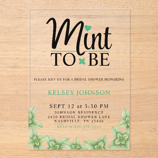 Mint to Be Mint Leaf Bridal Shower Acryl Uitnodigingen (Voorkant)