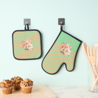 Mint Top met Sinaasappel Stripes Bloemen Ovenwant & Pannenlap Set