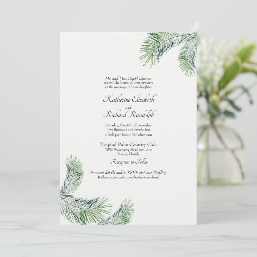 Mint Tropical Palm One Venue Wedding Website Kaart (Staand voorkant)
