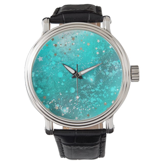 Mint Turquoise Folie Achtergrond Horloge (Voorkant)