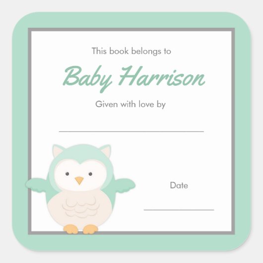 Mint Uil Baby shower Boekplaat, neutraal boek Vierkante Sticker (Voorkant)