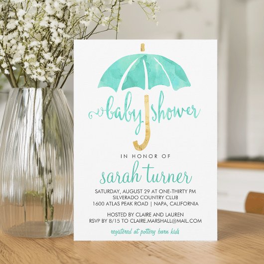 Mint Umbrella Neutral Baby Shower Uitnodigingen