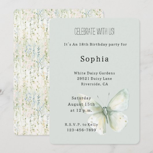 Mint Vlinder Verjaardag Kaart (Voorkant / Achterkant)