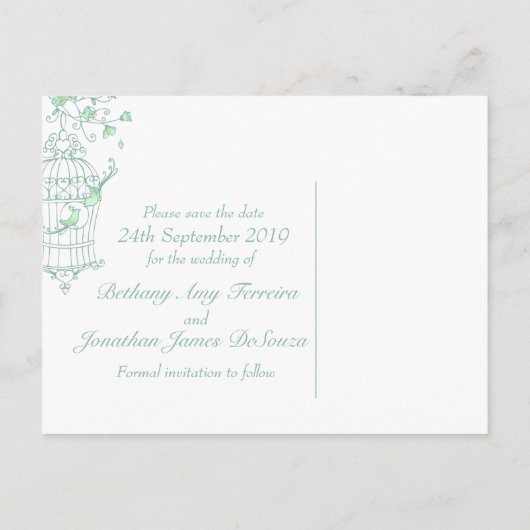 Mint vogels open kooi bruiloft opslaan van de datu aankondigingskaart (Achterkant)
