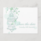 Mint vogels open kooi bruiloft opslaan van de datu aankondigingskaart (Voorkant)