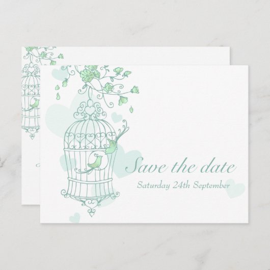 Mint vogels open kooi bruiloft opslaan van de datu aankondigingskaart (Voorkant / Achterkant)