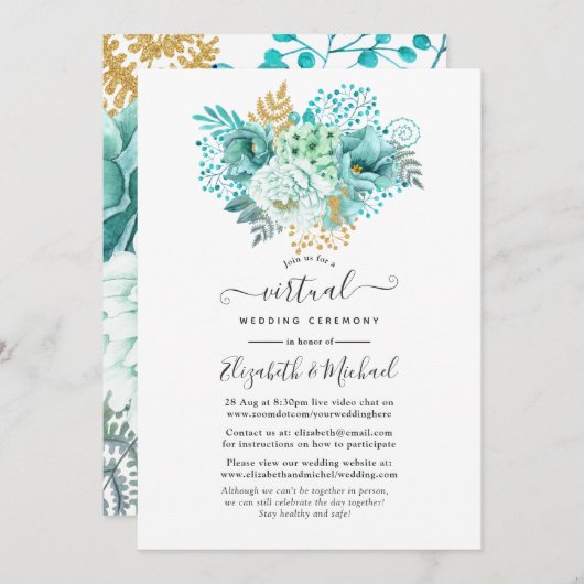 Mint Waterverf Floral Online Virtual Wedding Kaart (Voorkant / Achterkant)