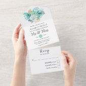 Mint Waterverf Floral Wedding All In One Uitnodiging (Afscheurbaar)